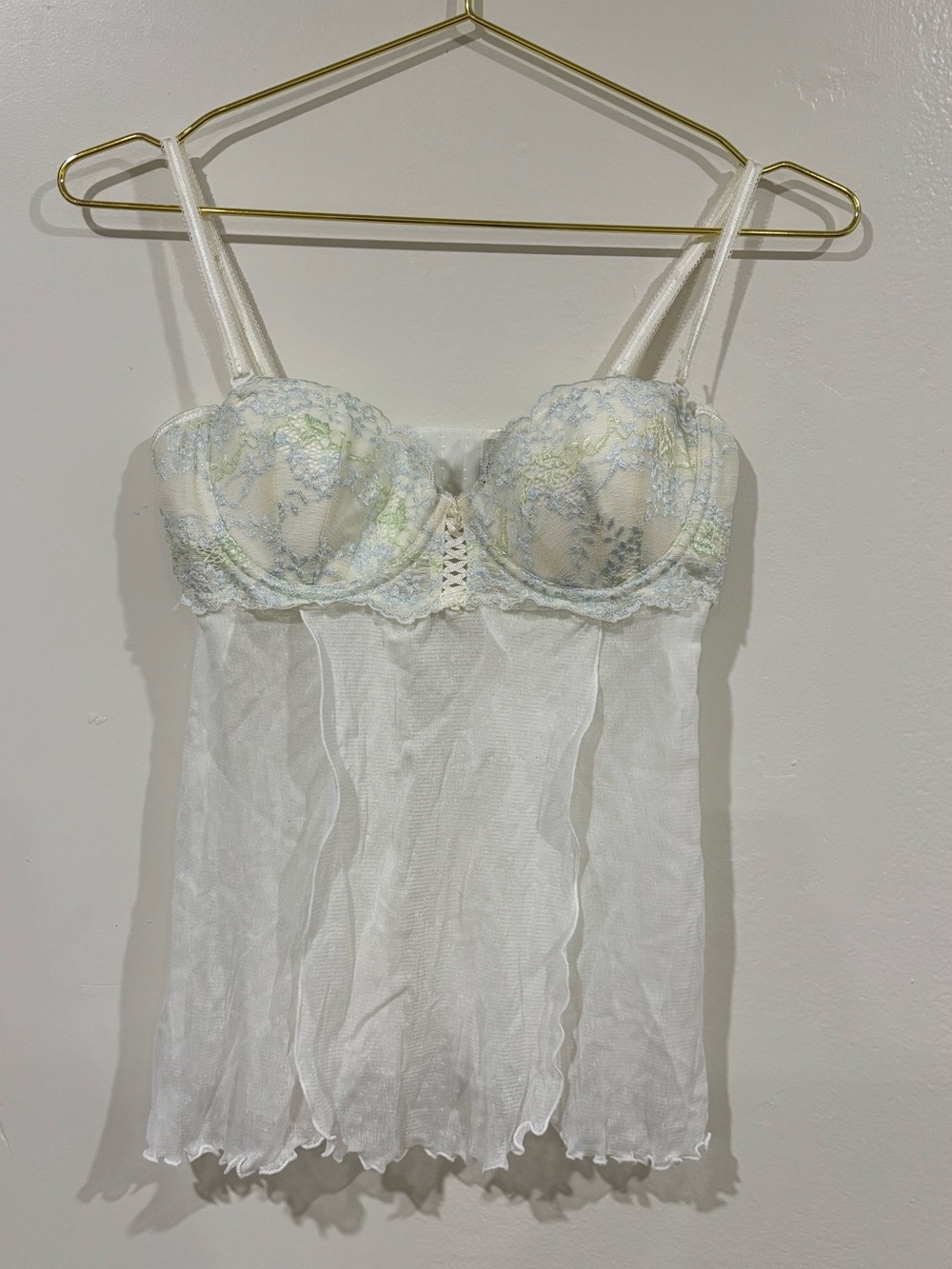 2006 Victoria's Secret White Sheer Lace Babydoll Chemise with Pastel Accents